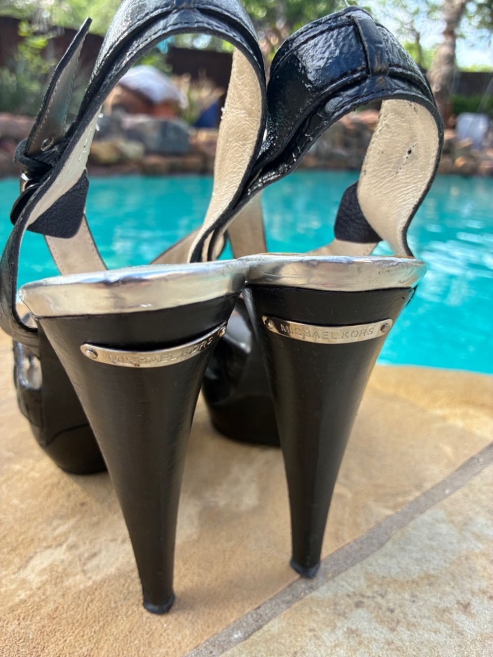 MICHAEL Michael Kors Black Croc-Embossed Platform Slingback Heels - Picture 3 of 16